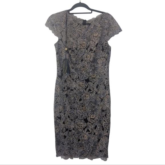 NWT Tadashi Shoji Rose Motif Lace Metallic Cocktail Dress Size 8 - Picture 9 of 14